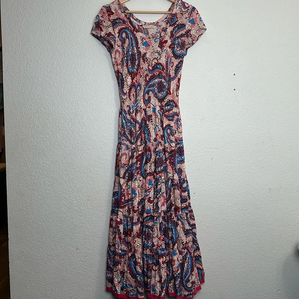 Soft Surroundings Kara Maxi Tiered Dress Womens XS Pink Blue Paisley Boho